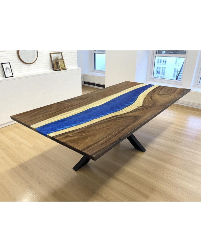 Table en bois de suar et résine rivière bleue 183 cm - modèle Paradise