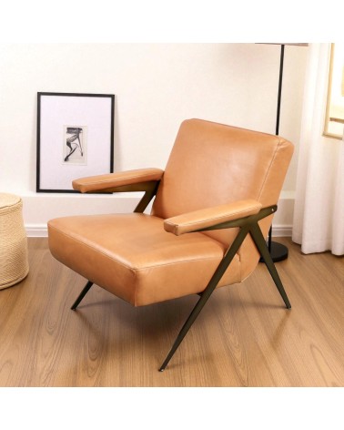 Fauteuil club cuir marron clair style 50s - modèle Dave