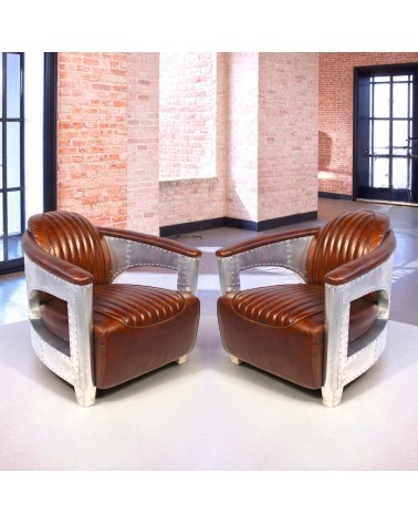 Lot 2 fauteuils aviateur cuir brun vintage - collection Chuck