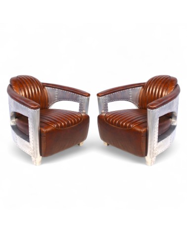 Lot 2 fauteuils aviateur cuir brun vintage - collection Chuck