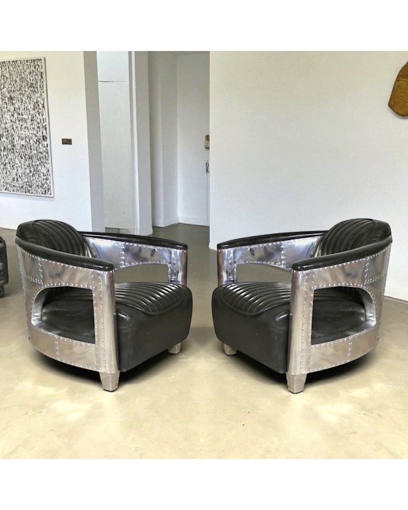 Lot 2 fauteuils aviateur cuir noir vintage - collection Chuck