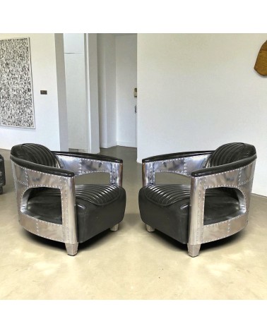 Lot 2 fauteuils aviateur cuir noir vintage - collection Chuck