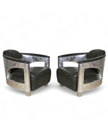 Lot 2 fauteuils aviateur cuir noir vintage - collection Chuck