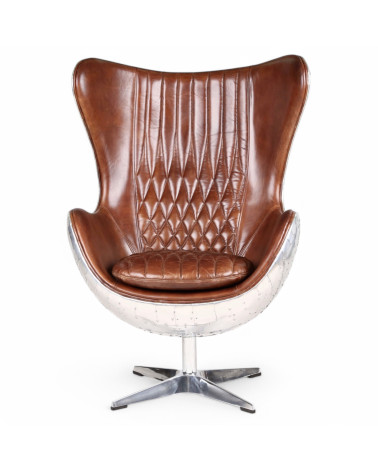 Fauteuil aviateur cuir marron et aluminium - modèle Egg