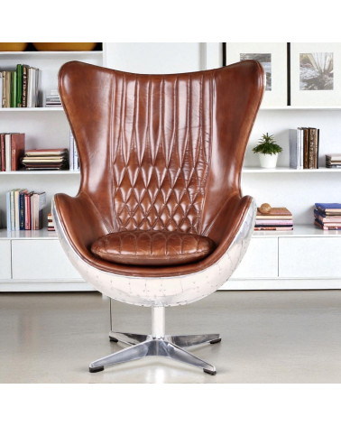 Fauteuil aviateur cuir marron et aluminium - modèle Egg