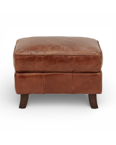 Brauner Vintage-Lederpouf Jasper mit gepolsterter Sitzfläche und Holzbeinen