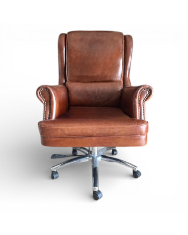 Fauteuil de bureau Amadeus en cuir marron style anglais avec dossier enveloppant