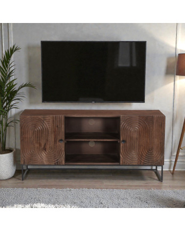Meuble TV sculpté Kiran en bois de manguier dans un intérieur contemporain