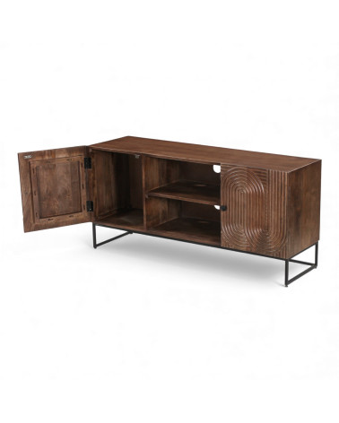Meuble TV Kiran avec portes et espaces de rangement en bois massif
