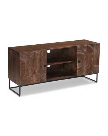 Meuble TV sculpté Kiran en bois de manguier – vue en perspective