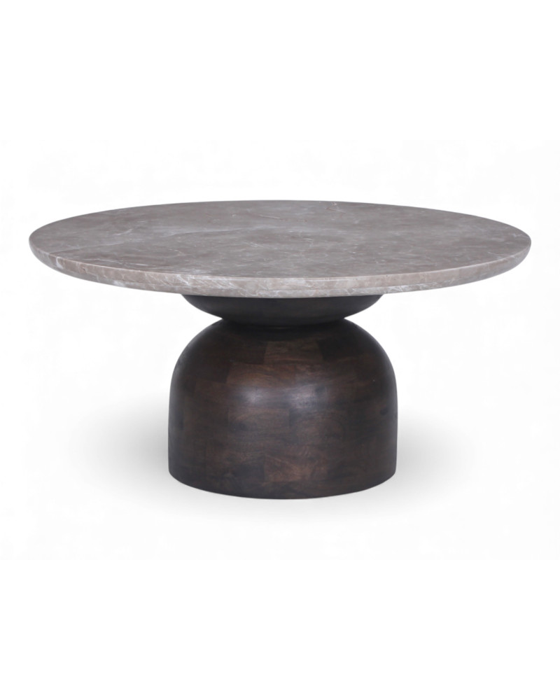 Table basse Aanya en bois massif de manguier et marbre Lady Grey au design sculptural