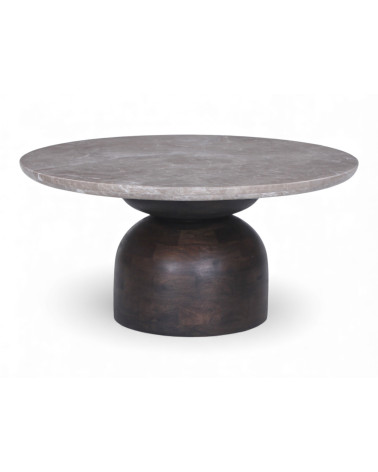 Couchtisch Aanya aus massivem Mangoholz mit Lady-Grey-Marmor in skulpturalem Design