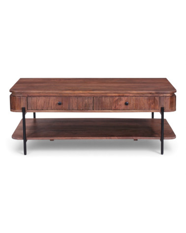 Table basse Nayan en bois massif foncé avec rangements intégrés