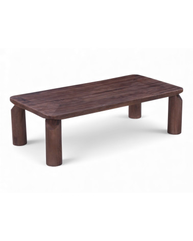 Table basse Varun en bois de manguier – vue en perspective mettant en valeur les pieds cylindriques