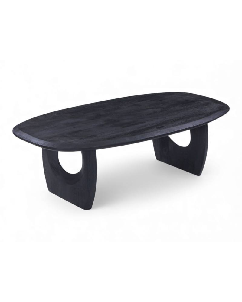 Akazienholz-Couchtisch Aman – Perspektivansicht mit skulpturalem Untergestell