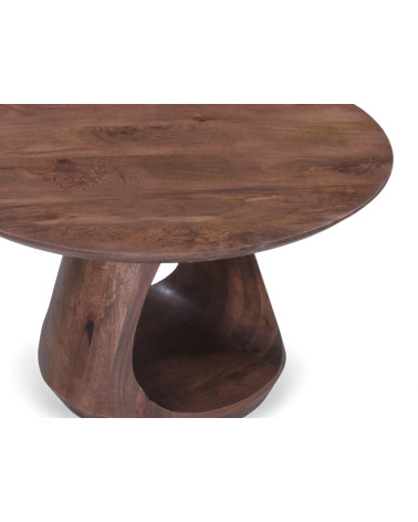 Detailansicht der Tischplatte aus massivem dunklem Mangoholz des Couchtischs Iyla