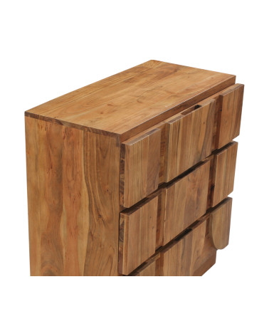 Detailansicht der massiven Akazienholzstruktur der Kommode Anand