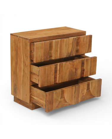 Kommode Anand aus massivem Akazienholz mit geöffneten Schubladen
