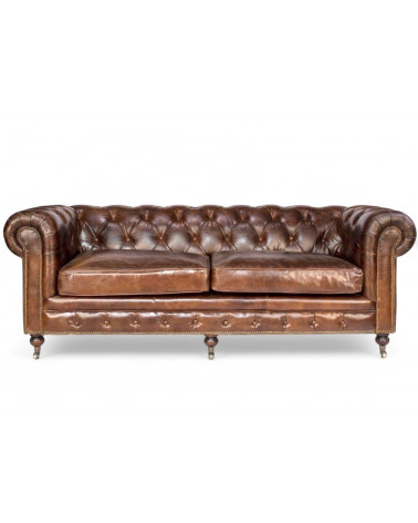 Chesterfield Sofa 3-Sitzer aus braunem Vintage-Leder – Frontansicht