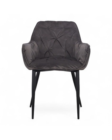 Chaise Mildred en velours gris capitonné avec accoudoirs – vue de face