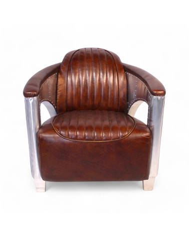 Fauteuil aviateur en cuir marron vintage – collection Chuck Cazadeco, vue de face