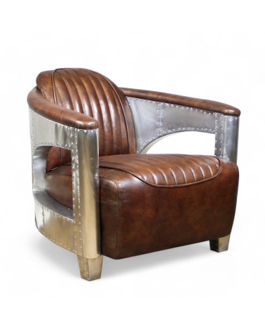 Fauteuil aviateur en cuir vintage marron – vue en perspective