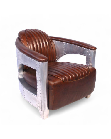Fauteuil aviateur cuir marron avec structure aluminium – vue 3/4