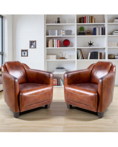 Set aus 2 Clubsesseln aus braunem Vintage-Leder im Wohnzimmer – Kollektion Alfred