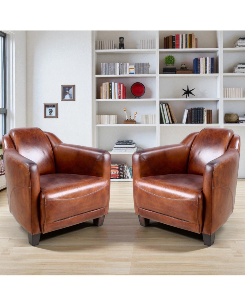 Set aus 2 Clubsesseln aus braunem Vintage-Leder im Wohnzimmer – Kollektion Alfred