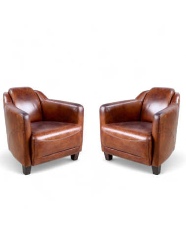 Lot de 2 fauteuils club en cuir vintage marron collection Alfred – duo idéal pour un salon élégant