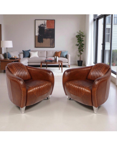 Lot de 2 fauteuils club en cuir vieilli marron, idéal pour un salon vintage élégant – collection Kent