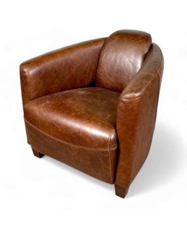 Fauteuil club cuir marron vintage vue de profil avec lignes arrondies – collection Andrew