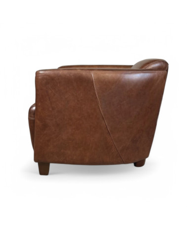 Fauteuil club cuir marron vintage vue de profil avec lignes arrondies – collection Andrew