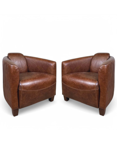 Lot de 2 fauteuils club cuir marron vintage design élégant – collection Andrew
