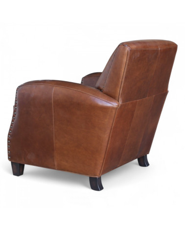 Dos du fauteuil en cuir marron patiné au design élégant et intemporel