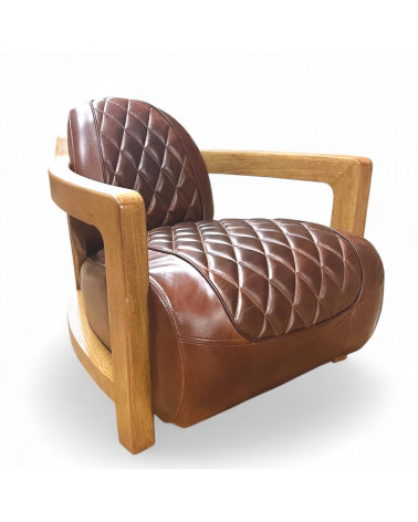 2er Set Ledersessel braun gesteppt mit Massivholzstruktur Modell Hugues