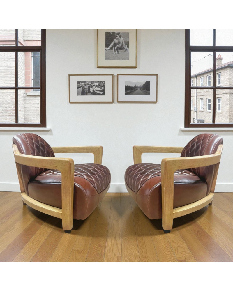 2er Set Ledersessel braun Vintage Holz Hugues im stilvollen Wohnzimmer