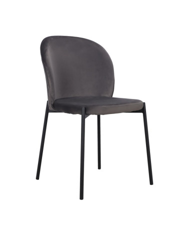 Chaise en velours gris avec dossier arrondi et structure en métal noir