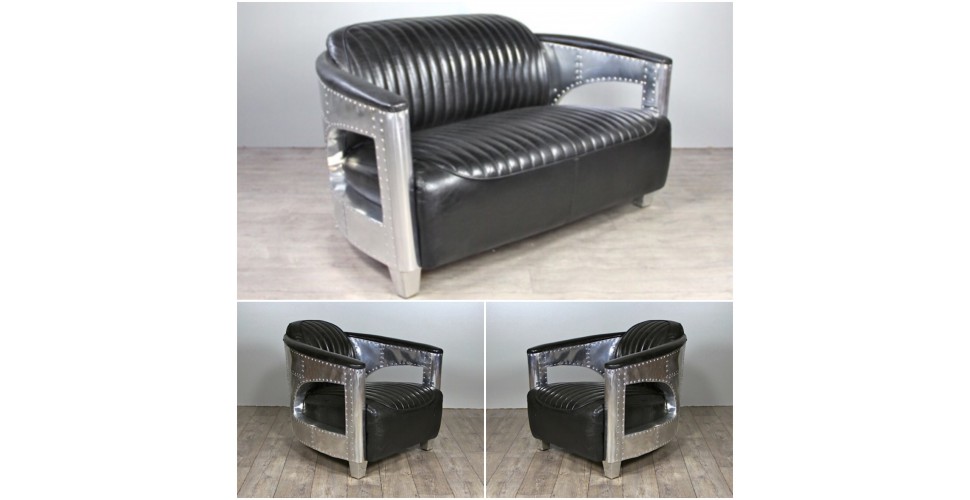 Sofa 2 Sitzer und 2 Aviator Sessel "Chuck" in Schwarze Vintage Leder