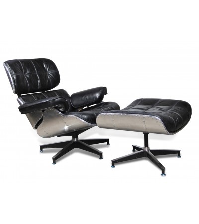 Aviator Sessel und Fusstütze Schwarze Vintage Leder - Kollektion Lindbergh