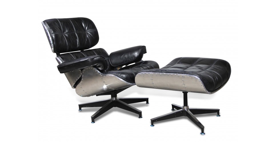 Fauteuil Aviateur "Lindbergh" et repose-pieds Cuir Noir Vintage