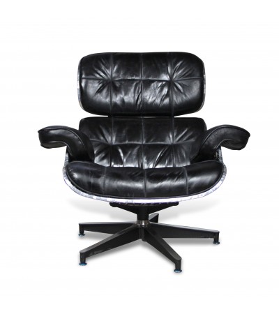 Fauteuil Aviateur et repose-pieds Cuir Noir Vintage 