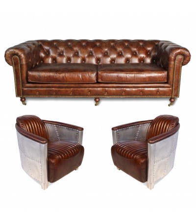 Chesterfield Ledersofa 3 sitze + 2 Aviator braun ledersessel Sessel