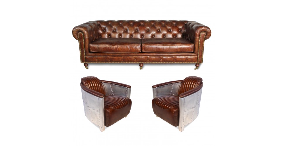 Canapé Chesterfield 3pl + 2 fauteuils aviateur cuir marron
