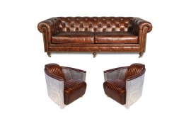 Chesterfield Ledersofa 3 sitze + 2 Aviator braun ledersessel Sessel                     