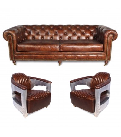 Sofa Chesterfield "The First" + 2 Sessel "Aviator" Braun Leder