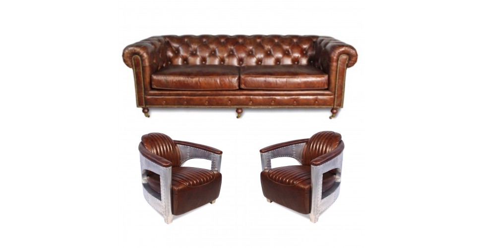 Sofa Chesterfield "The First" + 2 Sessel "Aviator" Braun Leder                      