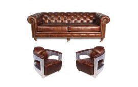 Canapé Chesterfield "The First" + 2 fauteuils  "Chuck" cuir marron