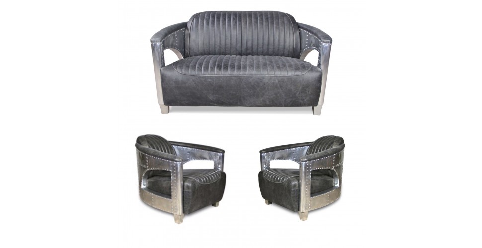 Sofa 2 Sitzer und 2 Aviator Sessel "Chuck" in Graue Vintage Leder