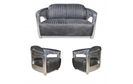 Sofa 2 Sitzer und 2 Aviator Sessel "Chuck" in Graue Vintage Leder